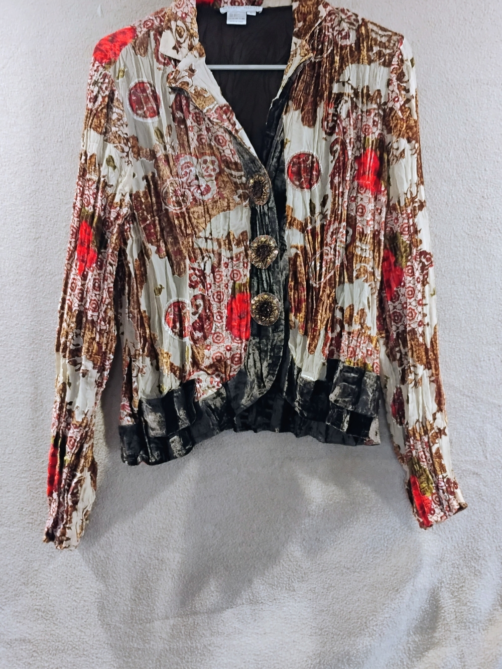 Alberto Makali Printed Velvet Button Front Jacket - Red, Brown & Cream